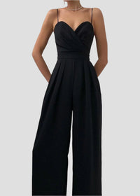 Damen Jumpsuit mit Wickeloberteil Spaghettiträgern Herzausschnitt und Weitem Hosenbein - Schwarz