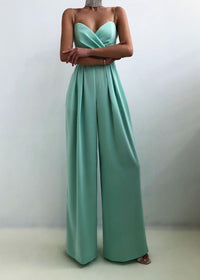 Damen Jumpsuit mit Wickeloberteil Spaghettiträgern Herzausschnitt und Weitem Hosenbein - Türkis