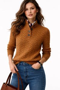 Elisabeth | Damen Kabelstrick Wollmix Rollkragen Sweater mit Knopfleiste - Braun