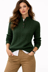 Elisabeth | Damen Kabelstrick Wollmix Rollkragen Sweater mit Knopfleiste - Grün