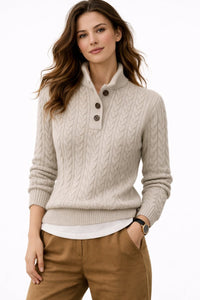 Elisabeth | Damen Kabelstrick Wollmix Rollkragen Sweater mit Knopfleiste - Grau