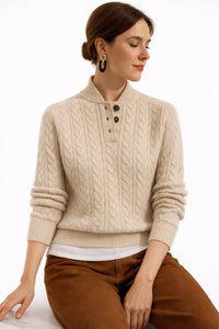 Elisabeth | Damen Kabelstrick Wollmix Rollkragen Sweater mit Knopfleiste - Khaki