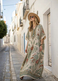 Damen Kaftan-Maxikleid mit V-Ausschnitt weiten Ärmeln Blumenmuster und Zierborte - Beige