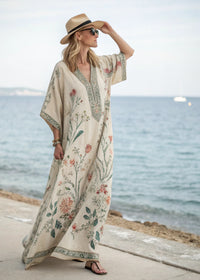 Damen Kaftan-Maxikleid mit V-Ausschnitt weiten Ärmeln Blumenmuster und Zierborte - Cremefarben