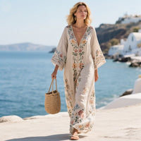 Damen Kaftan-Maxikleid mit V-Ausschnitt weiten Ärmeln Blumenmuster und Zierborte - Hellbeige