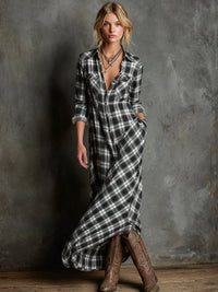 Emilia | Damen Kariertes Flanell Maxi-Hemdblusenkleid Formal Dresses - Schwarz
