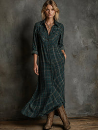 Emilia | Damen Kariertes Flanell Maxi-Hemdblusenkleid Formal Dresses - Grün
