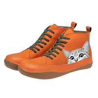 Nora | Damen Katzenmotiv Schnürsenkel Leder Ankle Boots - Orange