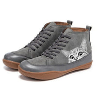 Nora | Damen Katzenmotiv Schnürsenkel Leder Ankle Boots - Grau