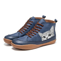 Nora | Damen Katzenmotiv Schnürsenkel Leder Ankle Boots - Blau