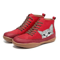Nora | Damen Katzenmotiv Schnürsenkel Leder Ankle Boots - Rot