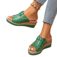 Damen-Keilsandalen mit Klettverschluss - Grün