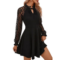 Damen-Kleid mit Spitzenärmeln, Stehkragen und Bindedetail - Schwarz