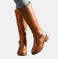 Nora | Damen Kniehohe Stiefel mit Schnalle und Reißverschluss - Braun