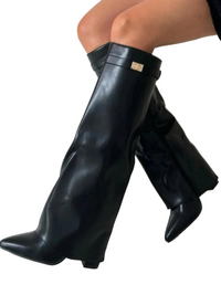 Damen Kniehohe Stiefel mit Spitz zulaufender Form und Blockabsatz - Schwarz Leder