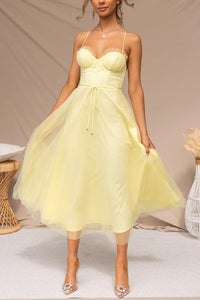 Damen Korsett-Midikleid mit Herzausschnitt und Tüllrock - Gelb