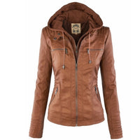 Katharina | Damen Kunstleder Bikerjacke mit Abnehmbarer Kapuze Reißverschluss - Braun