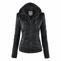 Katharina | Damen Kunstleder Bikerjacke mit Abnehmbarer Kapuze Reißverschluss - Schwarz