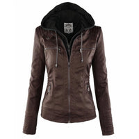 Katharina | Damen Kunstleder Bikerjacke mit Abnehmbarer Kapuze Reißverschluss - Dunkelbraun