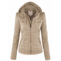 Katharina | Damen Kunstleder Bikerjacke mit Abnehmbarer Kapuze Reißverschluss - Beige