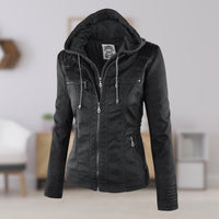 Annika | Damen Kunstleder Kapuzenjacke mit Reißverschluss Taillierter Women Coat - Schwarz