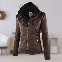 Annika | Damen Kunstleder Kapuzenjacke mit Reißverschluss Taillierter Women Coat - Braun