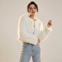 Lena | Damen Kurz Kunstpelz Cardigan Jacke - Weiß