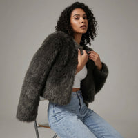 Lena | Damen Kurz Kunstpelz Cardigan Jacke - Schwarz