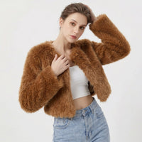 Lena | Damen Kurz Kunstpelz Cardigan Jacke - Dunkles Curry