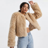 Lena | Damen Kurz Kunstpelz Cardigan Jacke - Helles Curry
