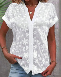 Mia | Damen Kurzarm Blumenspitzen-Bluse mit V-Ausschnitt Knopfleiste - Weiß