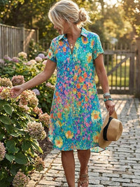 Damen Kurzarm Hemdkleid mit Polokragen und Blumenmuster - Grün mit Blumenmuster