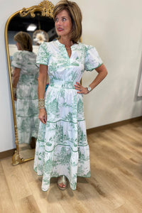 Damen Kurzarm Maxikleid mit Kerbausschnitt geraffter Taille Stufenrock und Druckmuster - Grün