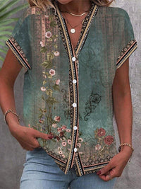 Johanna | Damen Kurzarm V-Ausschnitt Bluse mit Aquarell-Blumenmuster - Grün