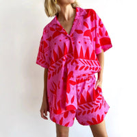 Damen Kurzarmhemd und Shorts Set mit abstraktem Muster - Rosa