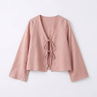Damen-Kurzbluse mit V-Ausschnitt und Bindebändern - Rosa