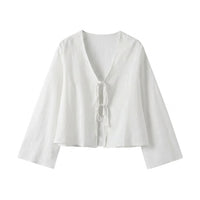 Damen-Kurzbluse mit V-Ausschnitt und Bindebändern - Weiß