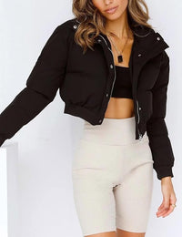 Damen Kurze Gesteppte Pufferjacke mit breitem Kragen Druckknöpfen und gerippten Bündchen - Schwarz