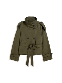 Damen Stehkragen Langarmjacke mit Gürtel und Knöpfen - Olivgrün