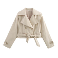 Damen Kurze Jacke mit Doppelreihiger Knopfleiste und Bindegürtel - Beige