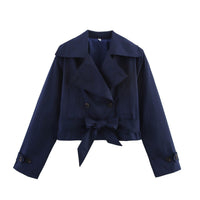 Damen Kurze Jacke mit Doppelreihiger Knopfleiste und Bindegürtel - Dunkelblau