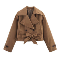 Damen Kurze Jacke mit Doppelreihiger Knopfleiste und Bindegürtel - Dunkelbraun