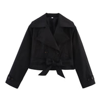 Damen Kurze Jacke mit Doppelreihiger Knopfleiste und Bindegürtel - Schwarz
