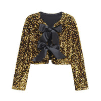 Damen Kurze Jacke mit Paillettenoberfläche und Schleifen - Gelb