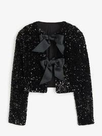 Damen Kurze Jacke mit Paillettenoberfläche und Schleifen - Schwarz