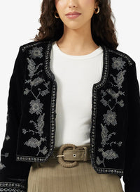 Damen Kurze Jacke mit Stickereimuster und Weiten Manschetten - Schwarz