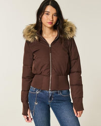 Damen Cropped Langarm Pufferjacke mit Kapuze - Braun