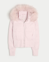 Damen Cropped Langarm Pufferjacke mit Kapuze - Rosa