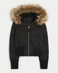 Damen Cropped Langarm Pufferjacke mit Kapuze - Schwarz