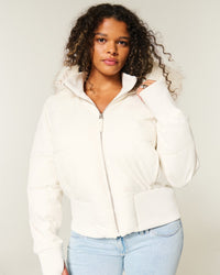 Damen Cropped Langarm Pufferjacke mit Kapuze - Weiß